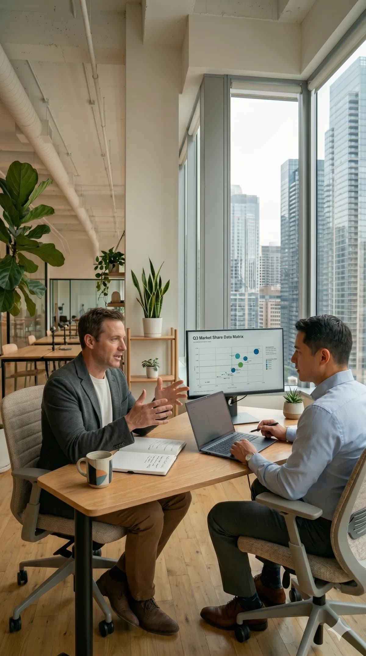 Two Canadian labour relations professionals discussing a workplace complaint over a laptop in a modern office