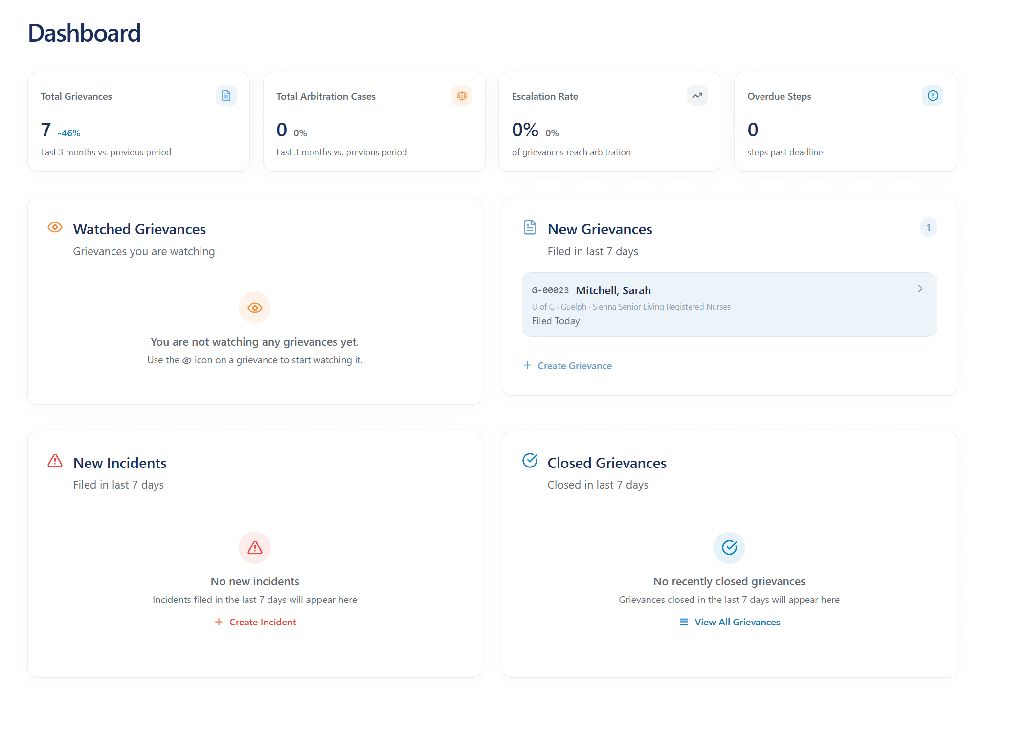 Sertus grievance dashboard showing open grievances, step deadlines, and next steps at a glance