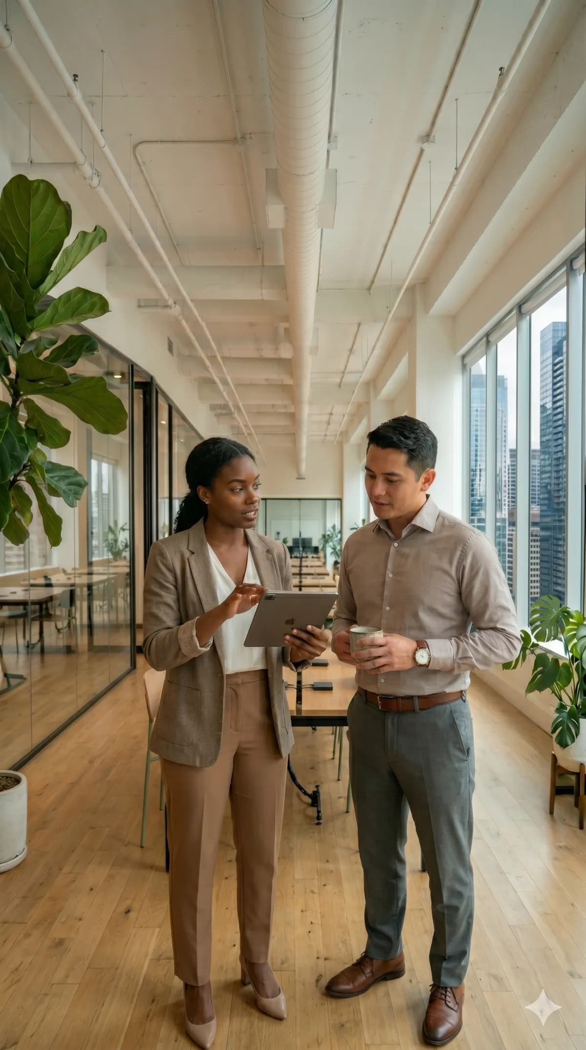 Two Canadian labour relations professionals reviewing grievance cases together on a tablet in a modern office