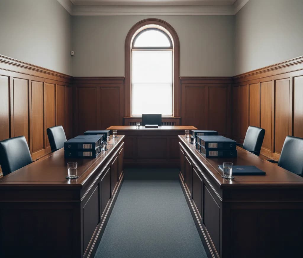 An empty arbitration hearing room, with matching counsel tables for each party facing the arbitrator's table
