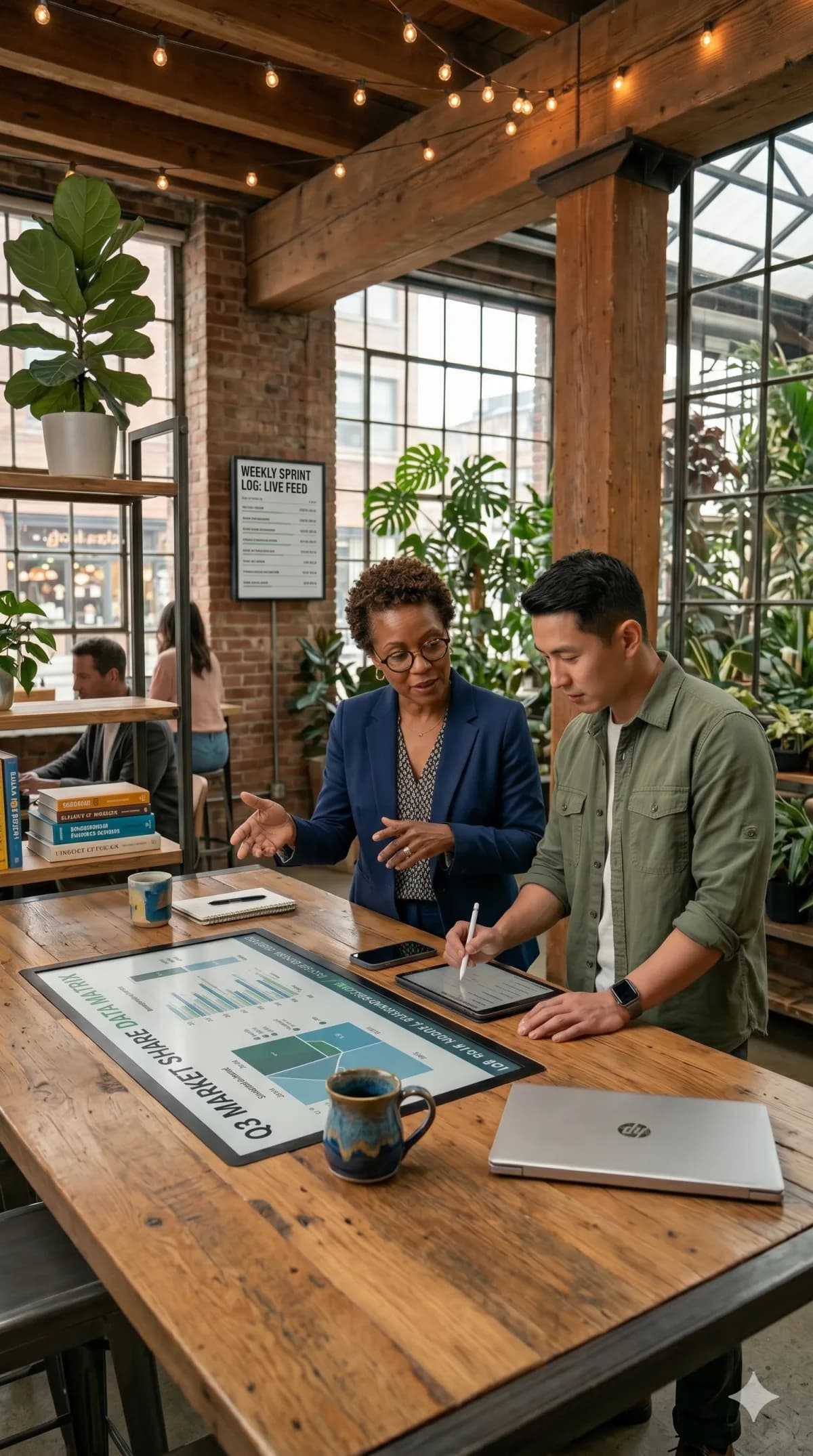 Two labour relations professionals reviewing data together at a table in a modern office