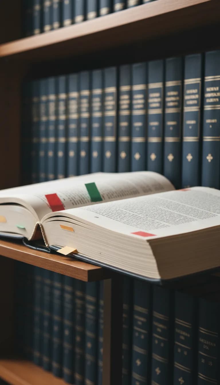 Labour arbitration reference volumes on a shelf, one open and flagged for citation