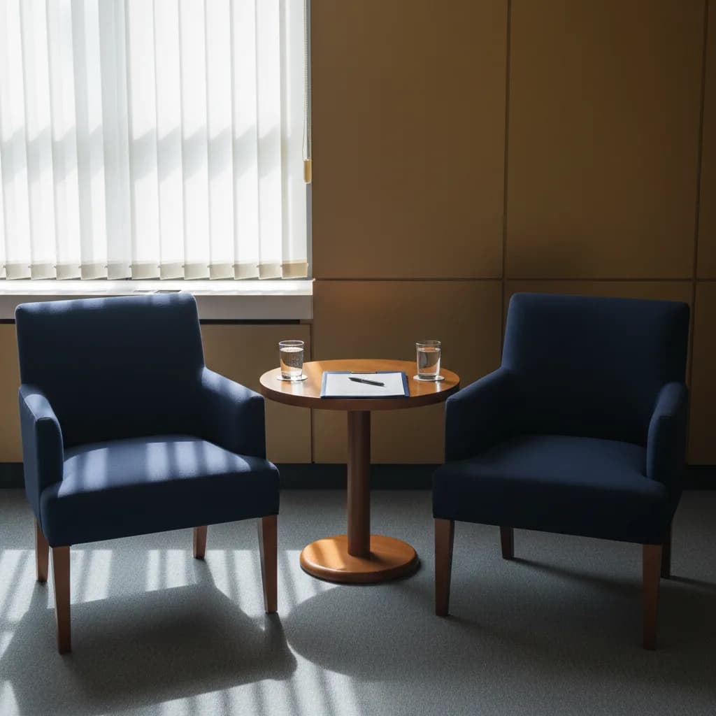 A quiet meeting room with two chairs, a small table, a notepad and two glasses of water